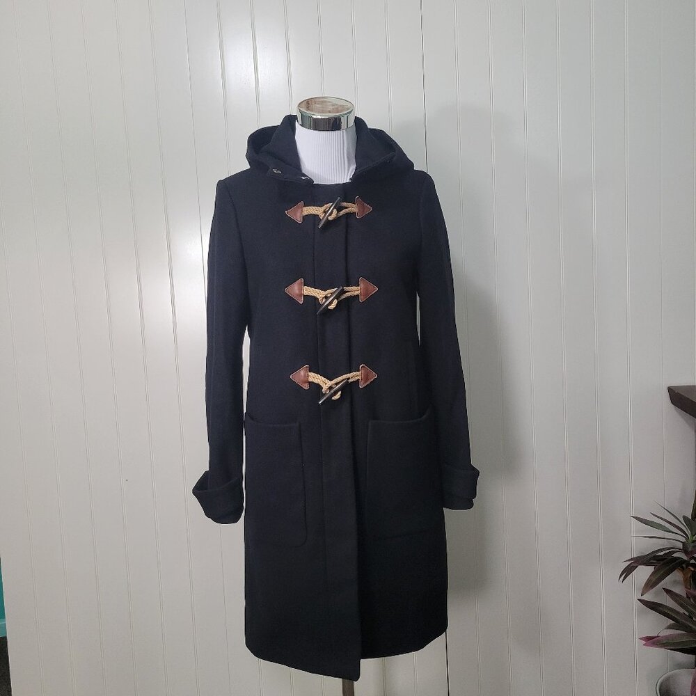 J. Crew Melton Wool Wooden Toggle Hooded Nautical Fisherman Duffle Pea Coat Sz 2
